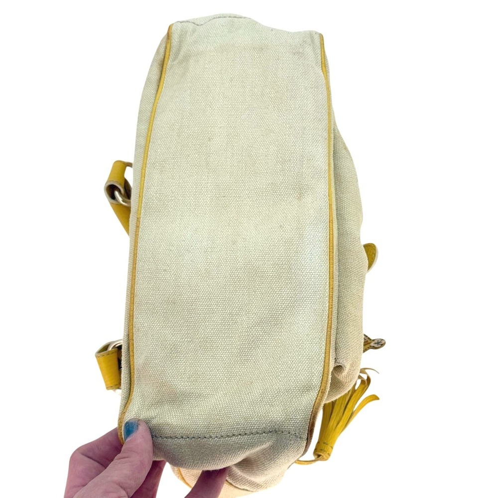 Celine Boogie Bag Beige Canvas Yellow Leather Trim Tassel Satchel Handbag - Picture 9 of 11